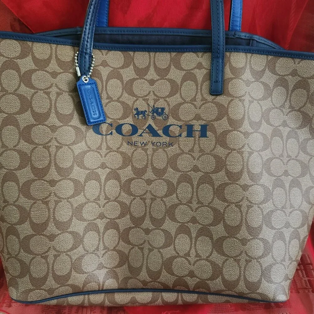 Coach Tan Signature Canvas Tote with Blue Trim - Picture 5 of 11